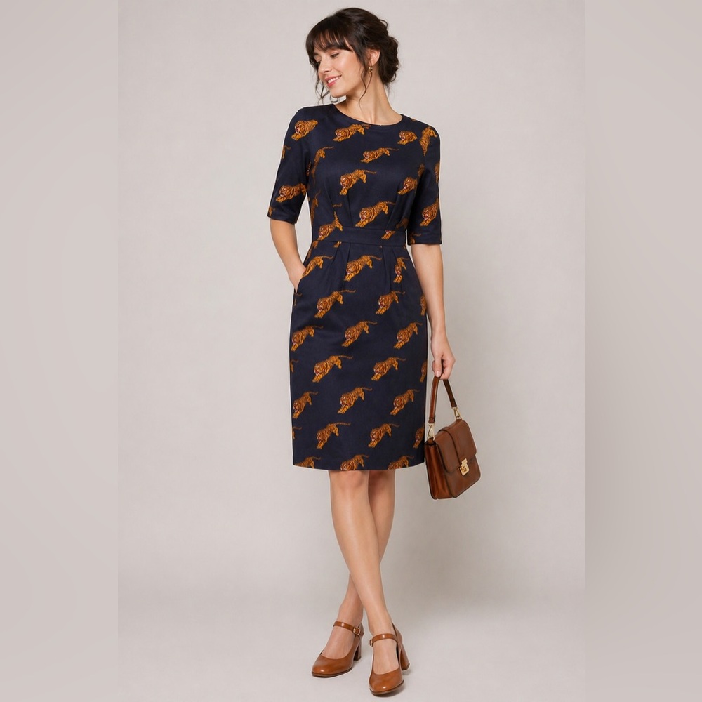 Emily and Fin blue novelty tiger print knee length retro dress. Size XS